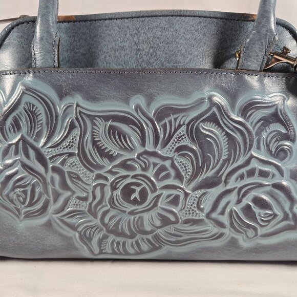 Patricia Nash Blue Leather Embossed Floral Satchel Crossbody Handbag - Picture 2 of 16